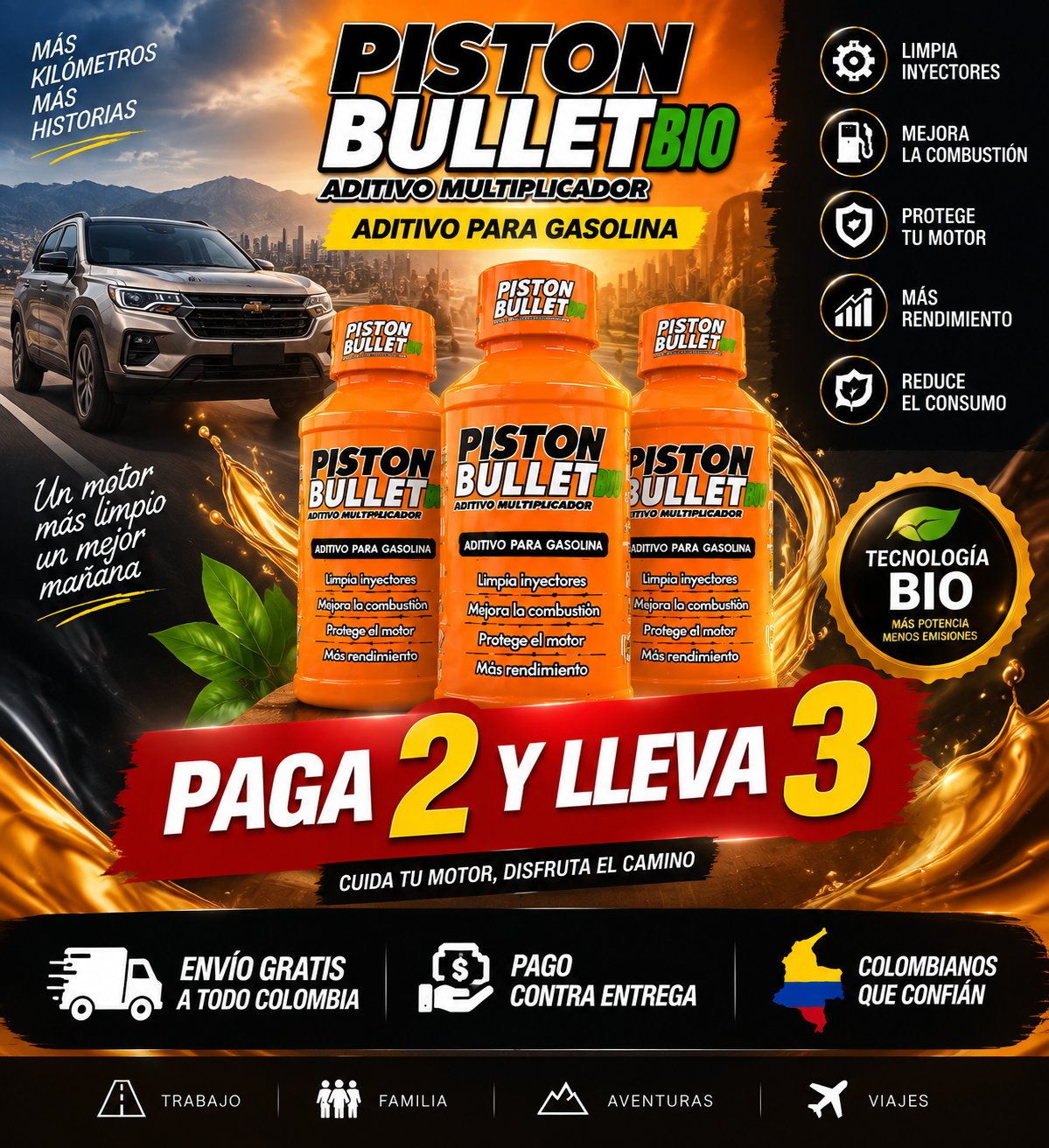 🔧ADITIVO PISTON BULLET BIO PARA CARROS Y MOTOS - AUMENTA POTENCIA Y AHORRA COMBUSTIBLE DESDE EL PRIMER USO