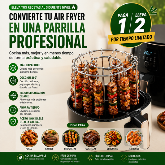 Convierte tu Air Fryer en una parrilla profesional y cocina carnes, pollo, verduras, mariscos y mucho más de forma rápida, práctica y saludable.🍡